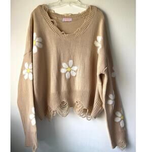 Daisy Distressed Tan Sweater Womens Size XL Flower Casual Weekend Relaxed Boho
